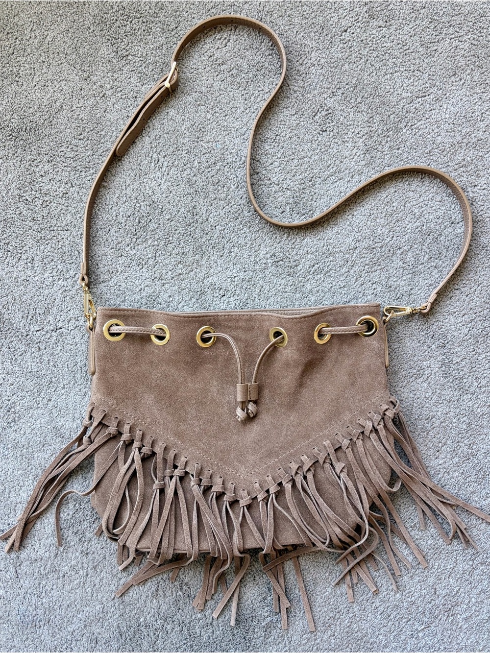 Isadora Boho Italian Leather Tan Suede Fringe Drawstring Bucket Bag